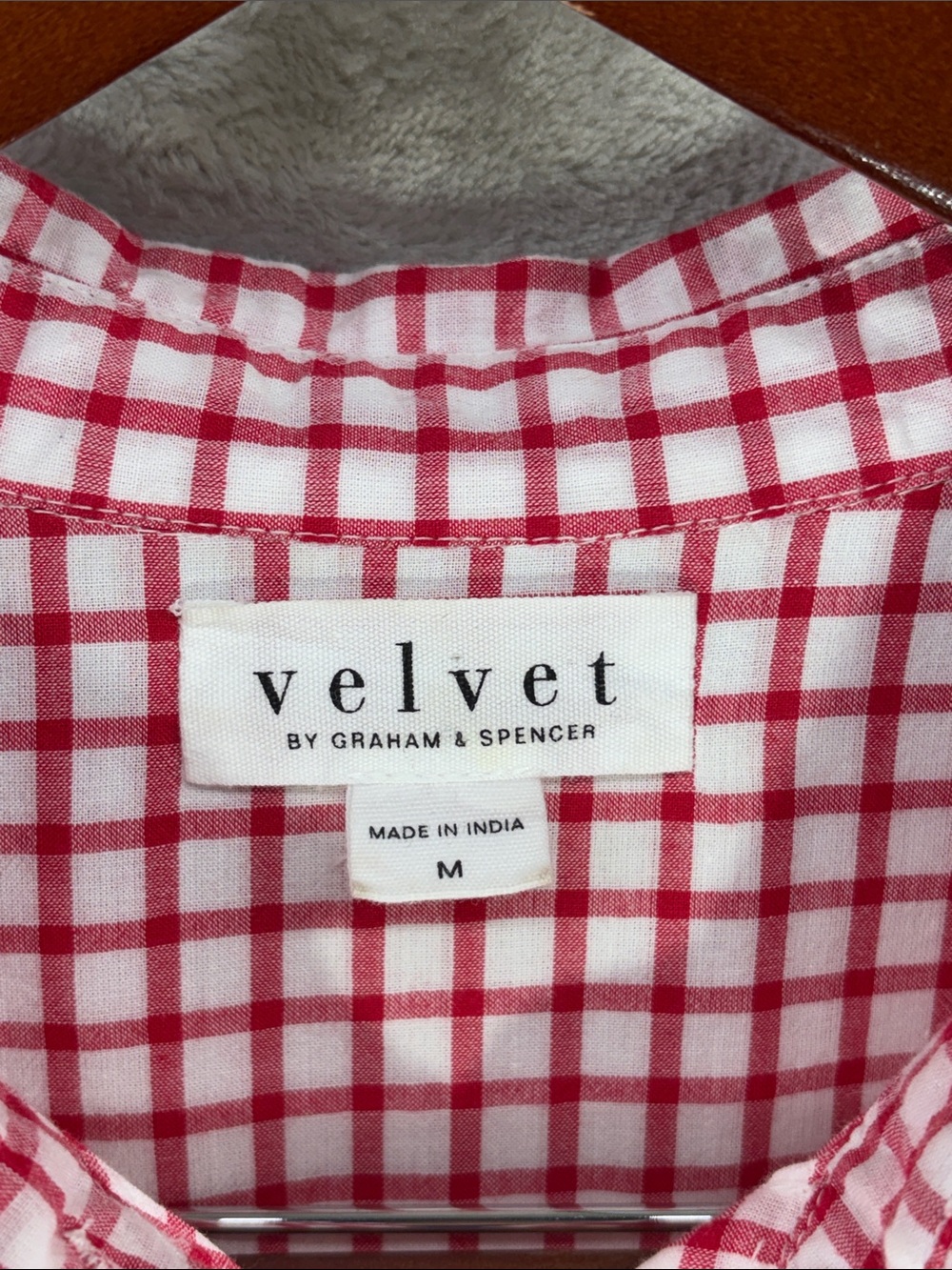 Velvet Red and White Cotton Gingham Button-Down Shirt with Tie Sleeves Size M - Picture 2 of 7
